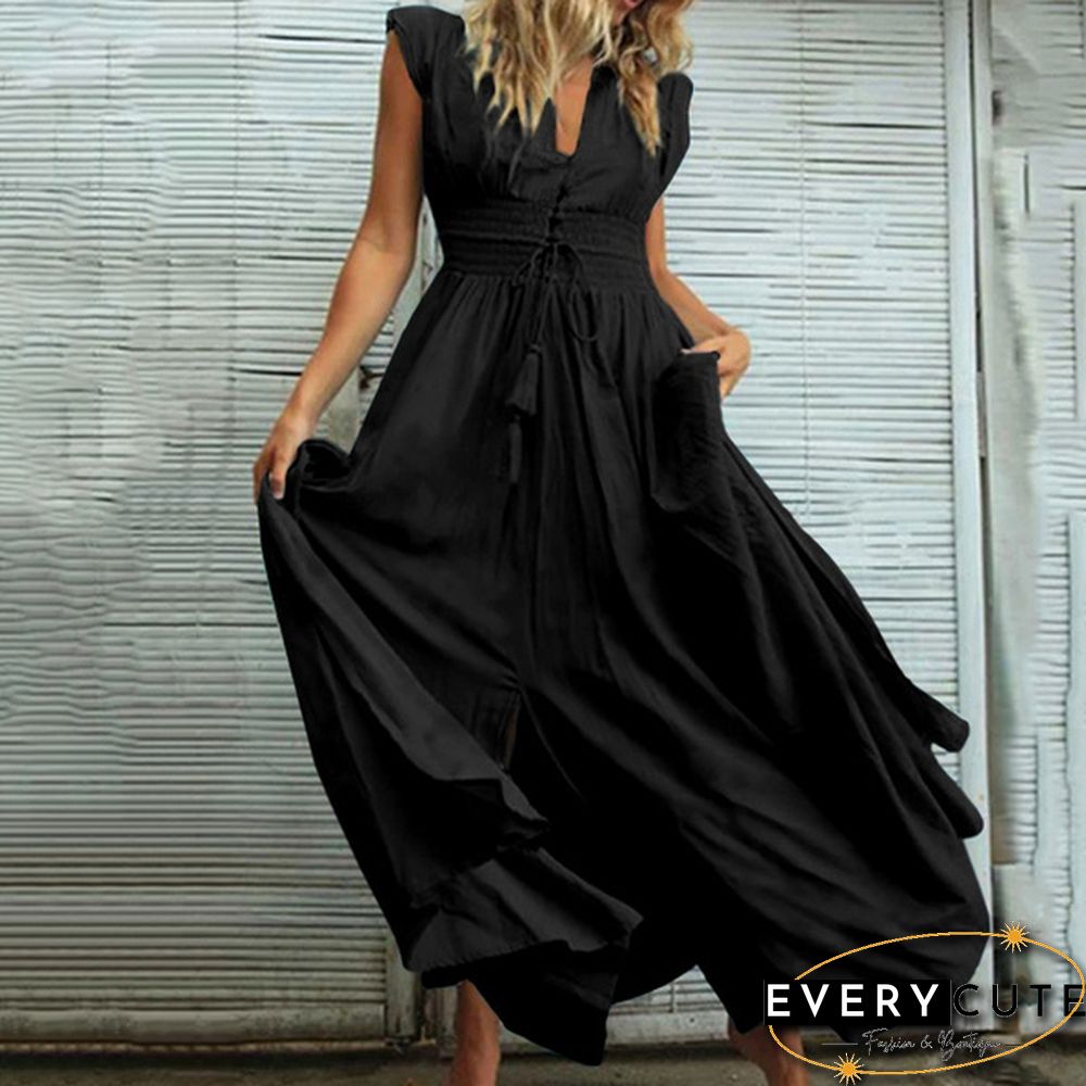 Oversized Retro Women Kaftan Solid Long Shirt Dress Sexy Party V Neck Bohemian Slit Hem Maxi Sundress