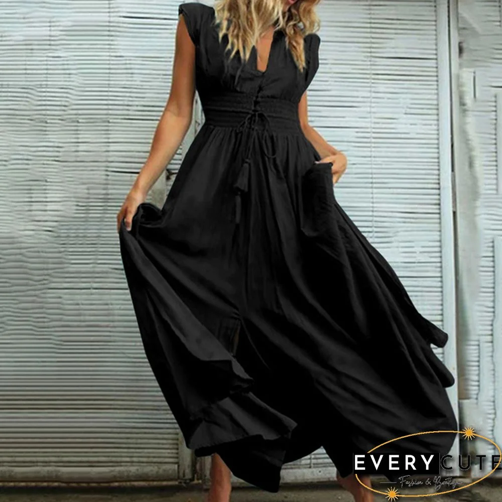 Oversized Retro Women Kaftan Solid Long Shirt Dress Sexy Party V Neck Bohemian Slit Hem Maxi Sundress