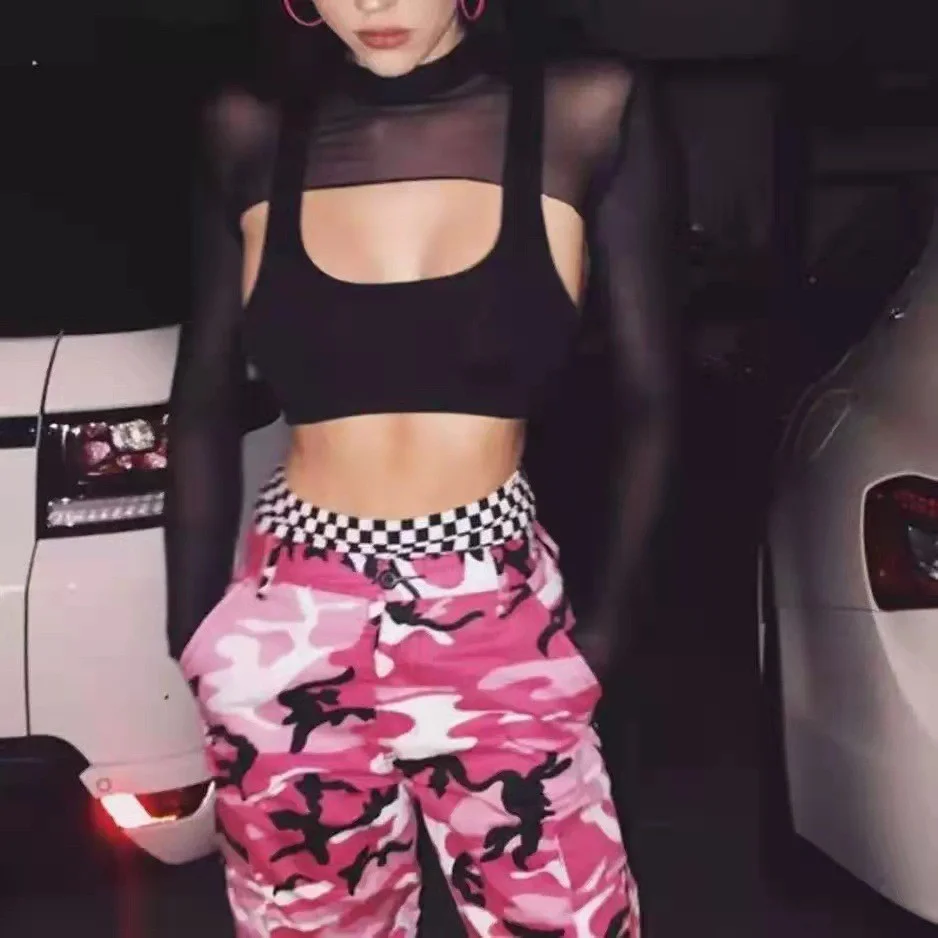 Brownm Brownm Elastic Tight Perspective Sexy Mesh Bottom Shirt Transparent Long Sleeve T-Shirt Women's Lace Shirt