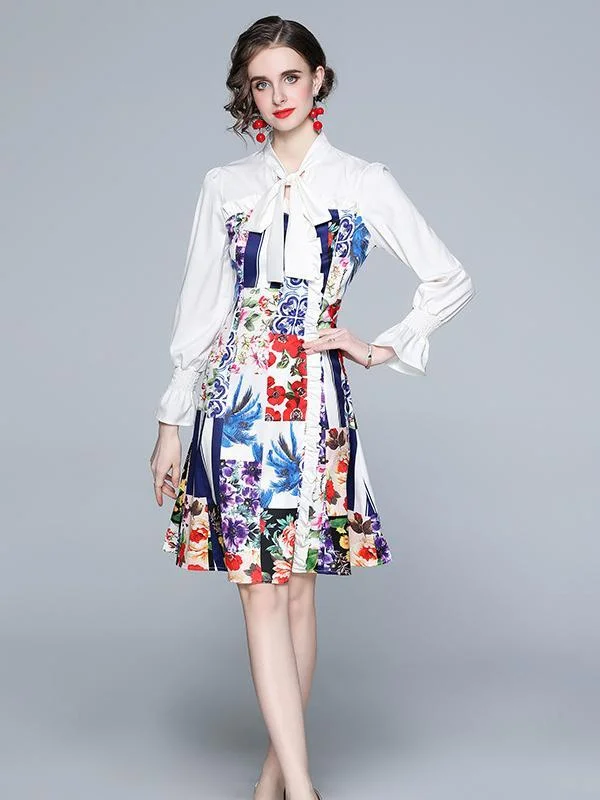Elegant print long-sleeved temperament stitching dress