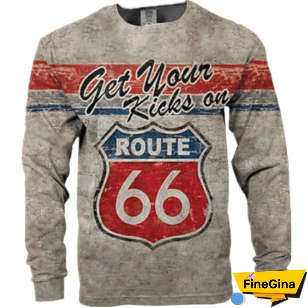 Men's Long Sleeve T-shirt U.S. Route 66 Print T Shirt Men's Casual Pullover T-shirts