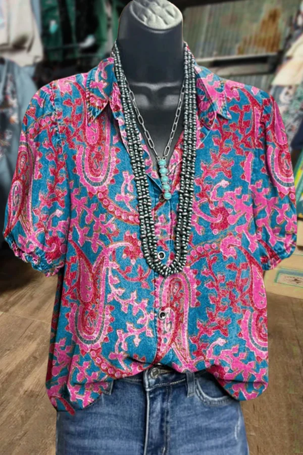 Vintage Paisley Print Puff Sleeve Top