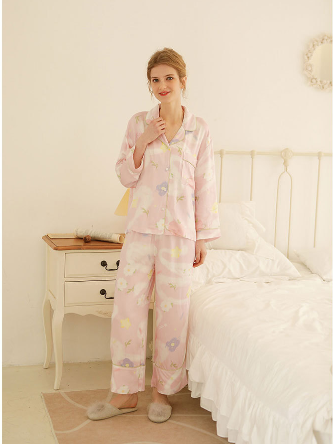 Satin Elegant Star Shawl Collar Long Sleeve Pajama Set