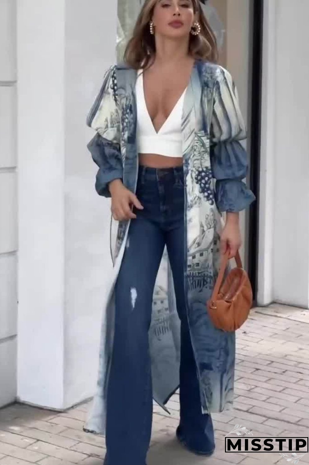 Women's Elegant Fashion Casual Vacation Style Pile Sleeve Denim Suit Pants