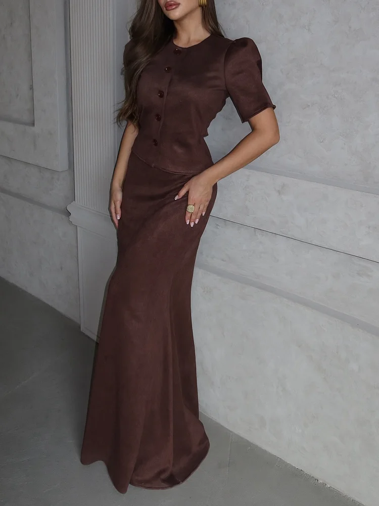 Brown Commuter Puff Sleeve Suede Top Fishtail Skirt Set