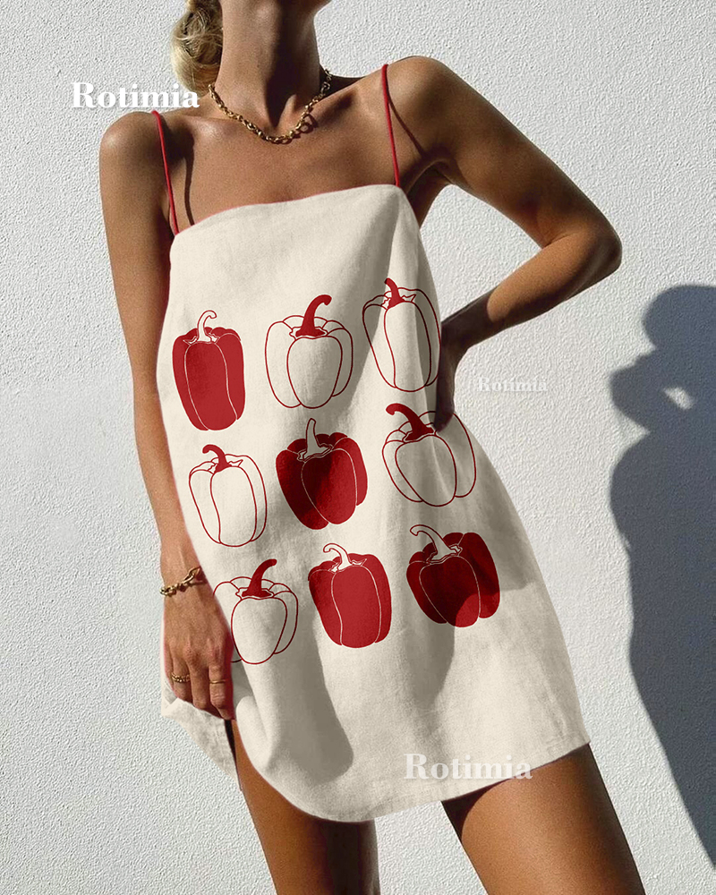 Rotimia Stylish Red Pepper Print Strap Mini Dress