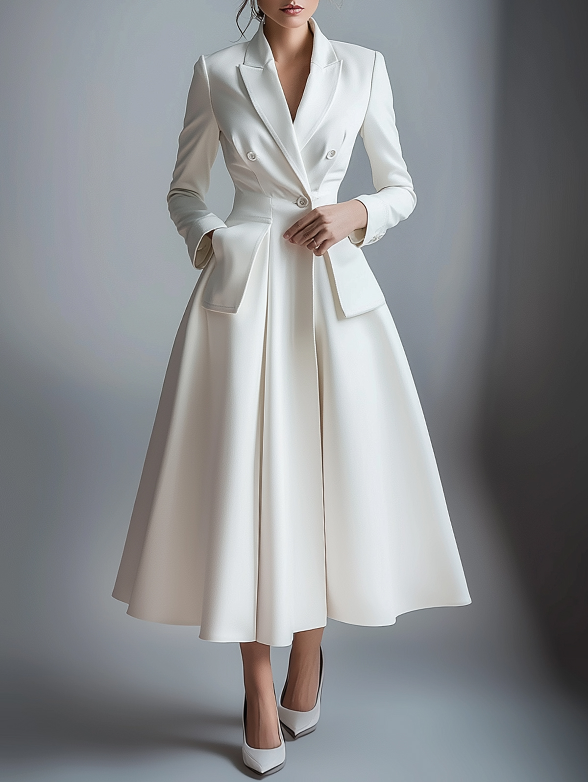 Ursime Peak Lapel Long Sleeve Button Pockets Midi Dress