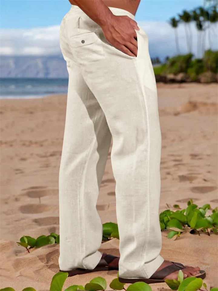 Men's Linen Pants Trousers Summer Pants Beach Pants Drawstring Elastic Waist Straight Leg Plain Comfort Outdoor Casual Daily Linen / Cotton Blend Basic Streetwear Black White-Cosfine