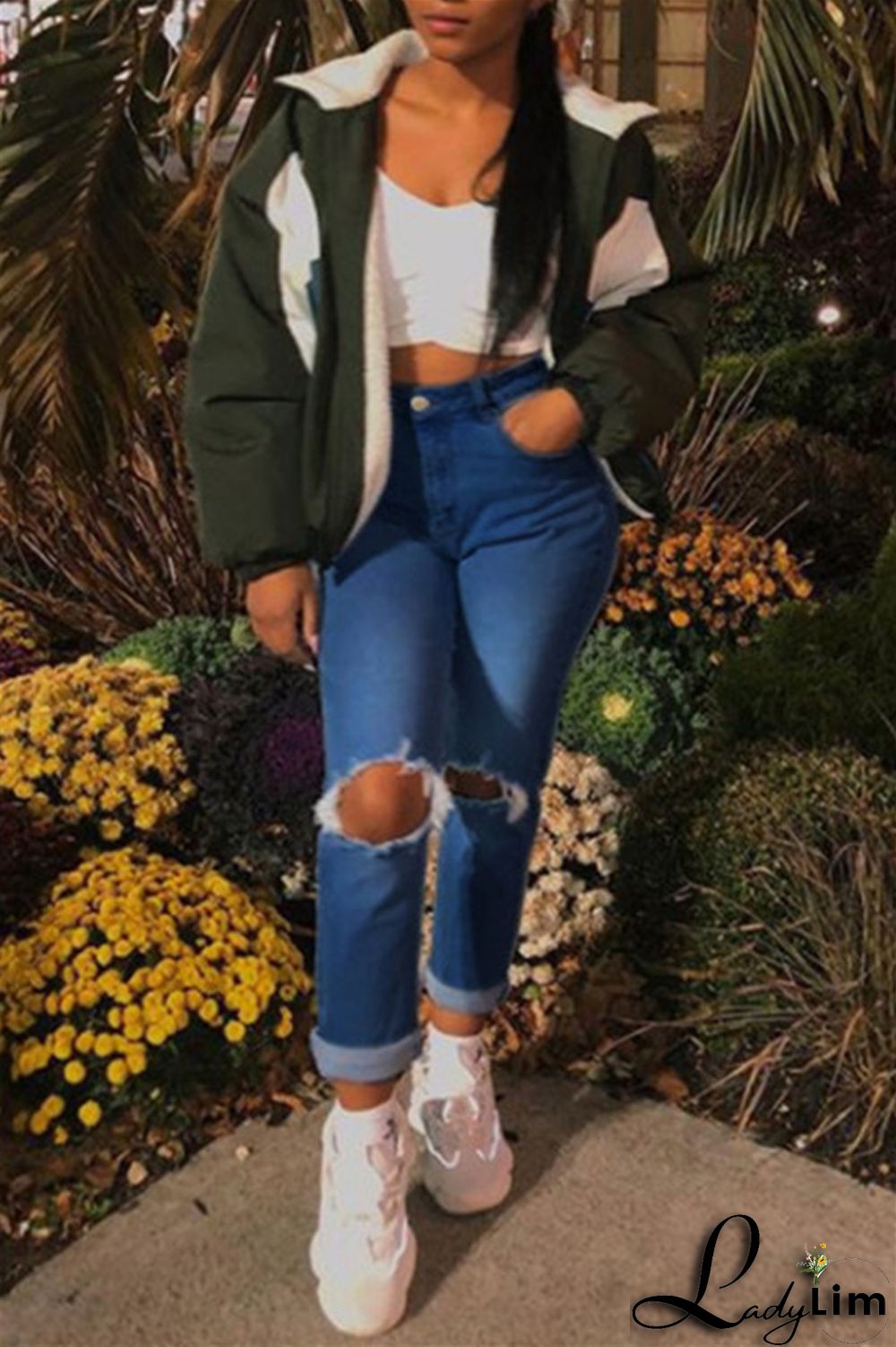 Dark Blue Fashion Casual Solid Ripped High Waist Regular Denim Jeans