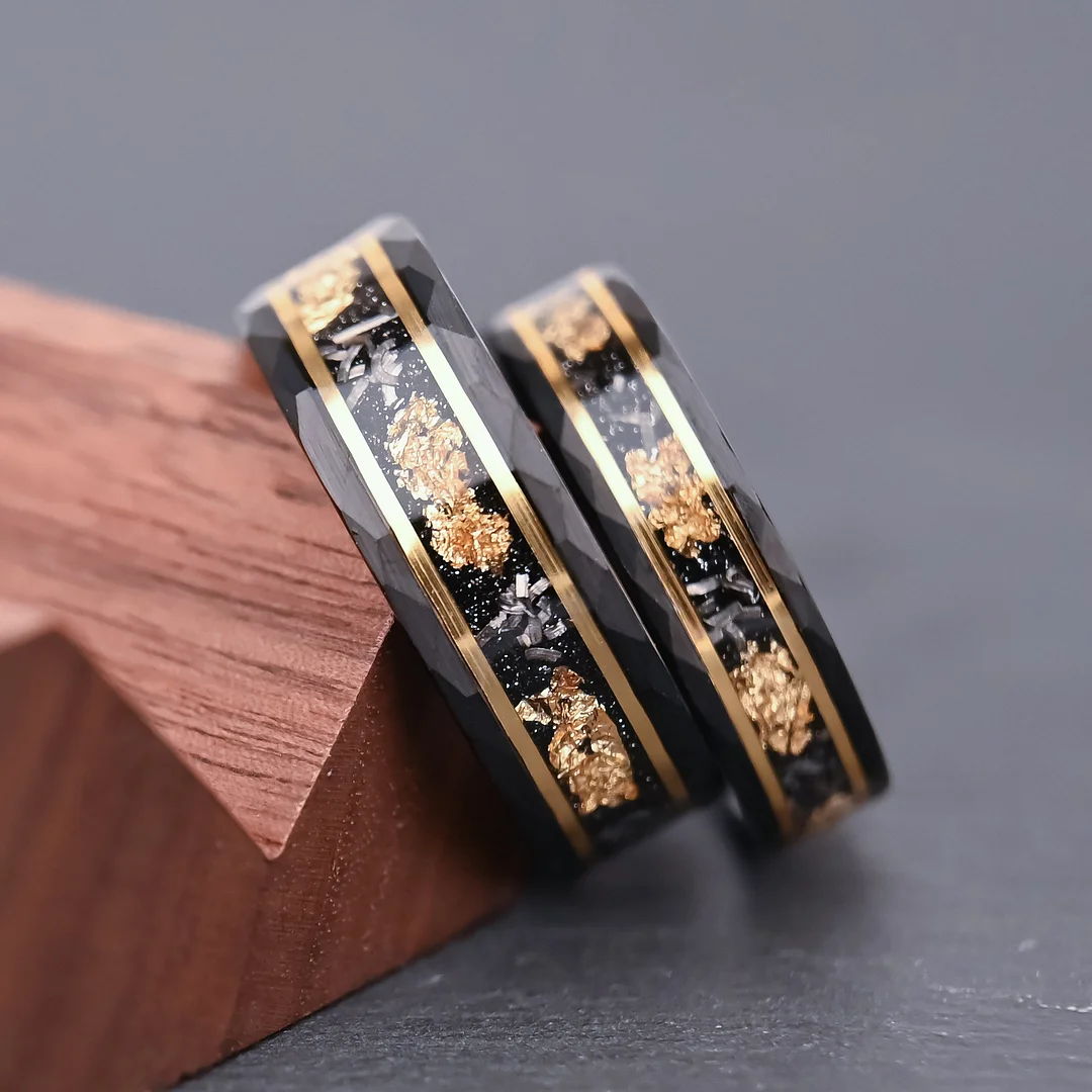 6MM 8MM Tungsten Carbide Wedding Rings Meteorite-set Gold Plate Flat Hammered Electrode Black Ring For Women And Men