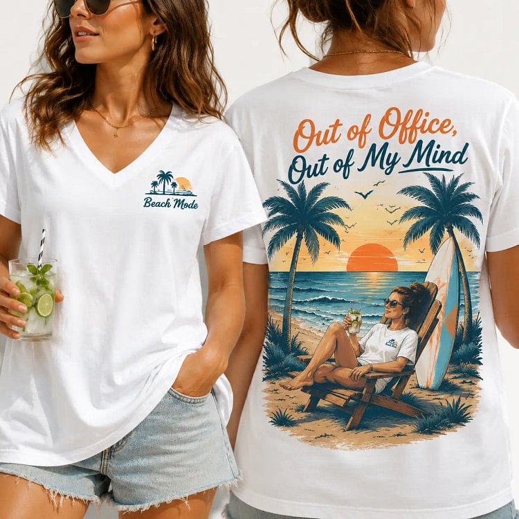 Women&rsquo;s &ldquo;Out of Office Out of My Mind&rdquo; Beach V-Neck Tee 🌴 Coastal Vacation Graphic Shirt for Women
