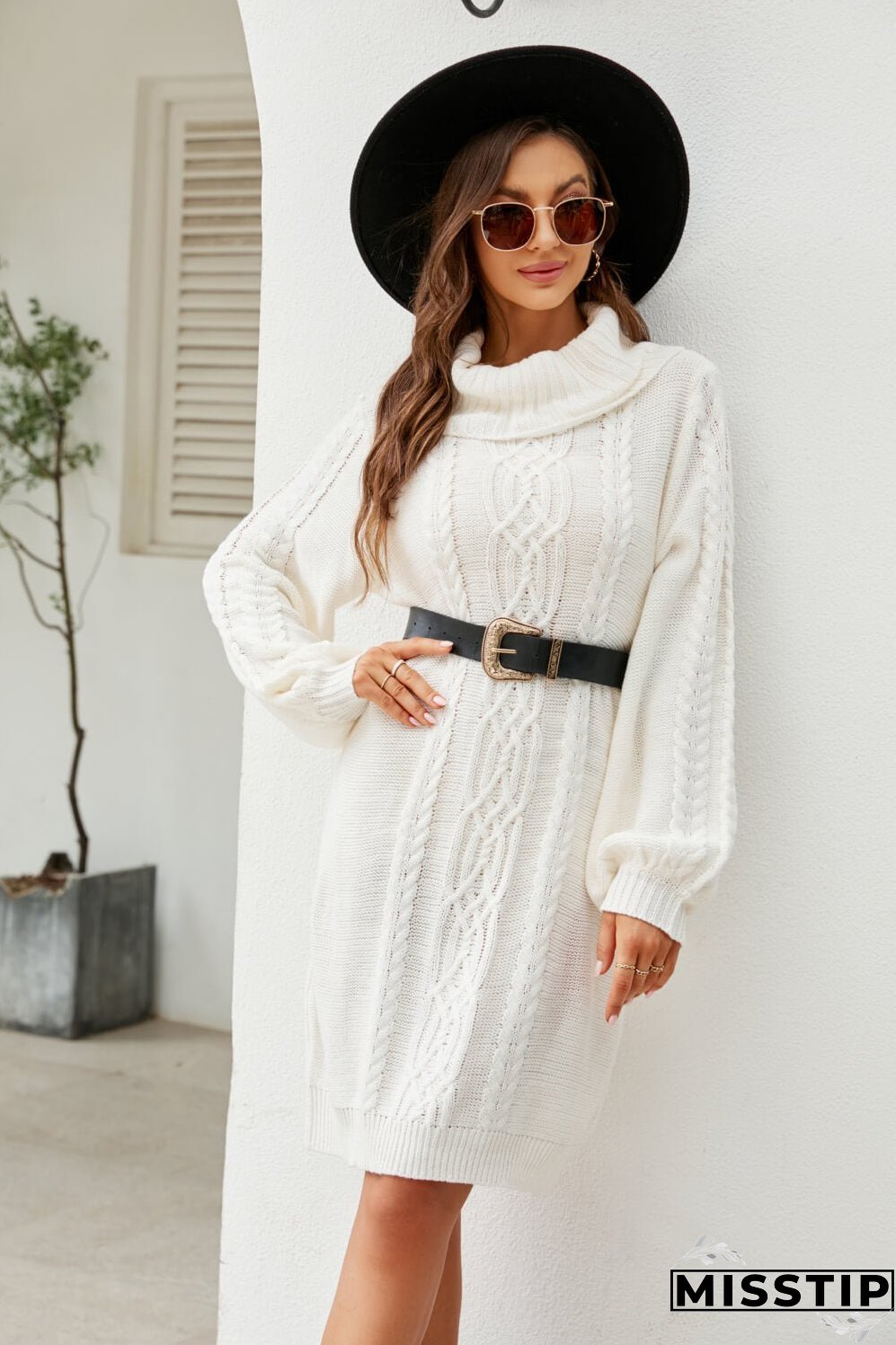 Woven Right Mixed Knit Turtleneck Lantern Sleeve Sweater Dress