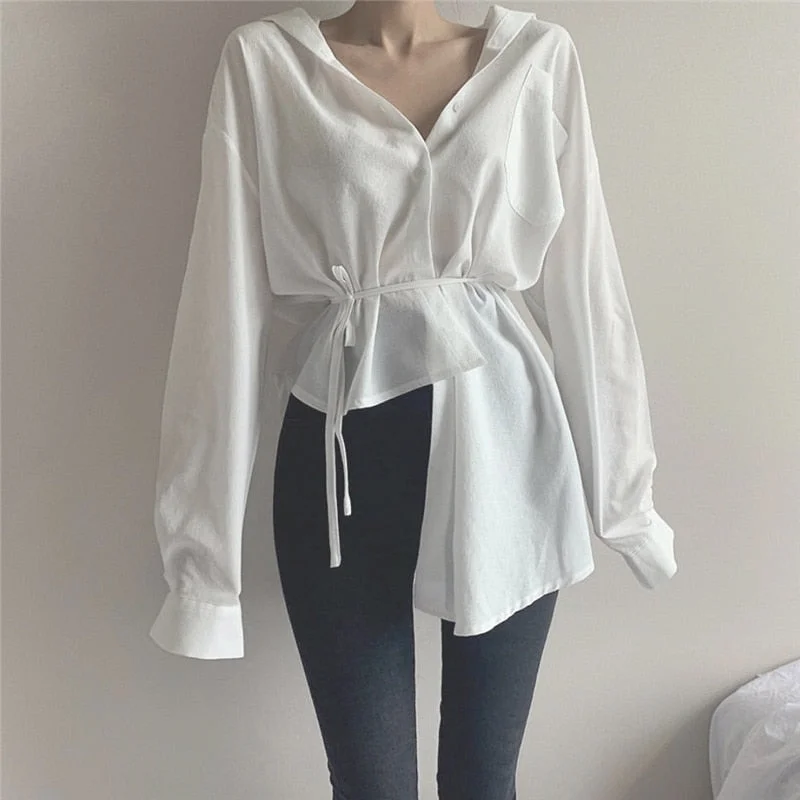2022 Spring Long Sleeve V-neck Cardigan Button Up Shirt Casual Lace-up White Blouse Irregular Korean Style White Tops for Women