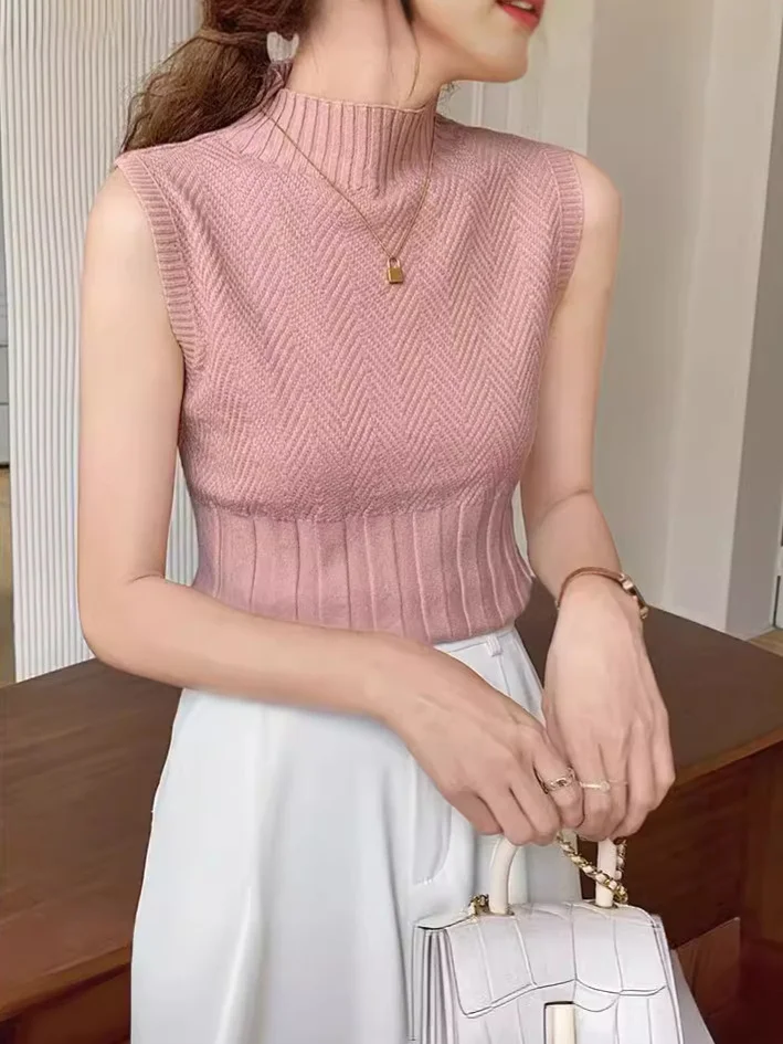 Uveng Uveng Vest Women In The 2024 New Spring And Summer High-Necked Knitted Shirt With Suit Sleeveless Top