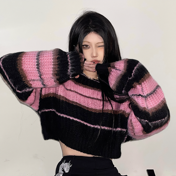 Pink Black Striped Cropped Sweater - Gotamochi Kawaii Shop, Kawaii Clothes
