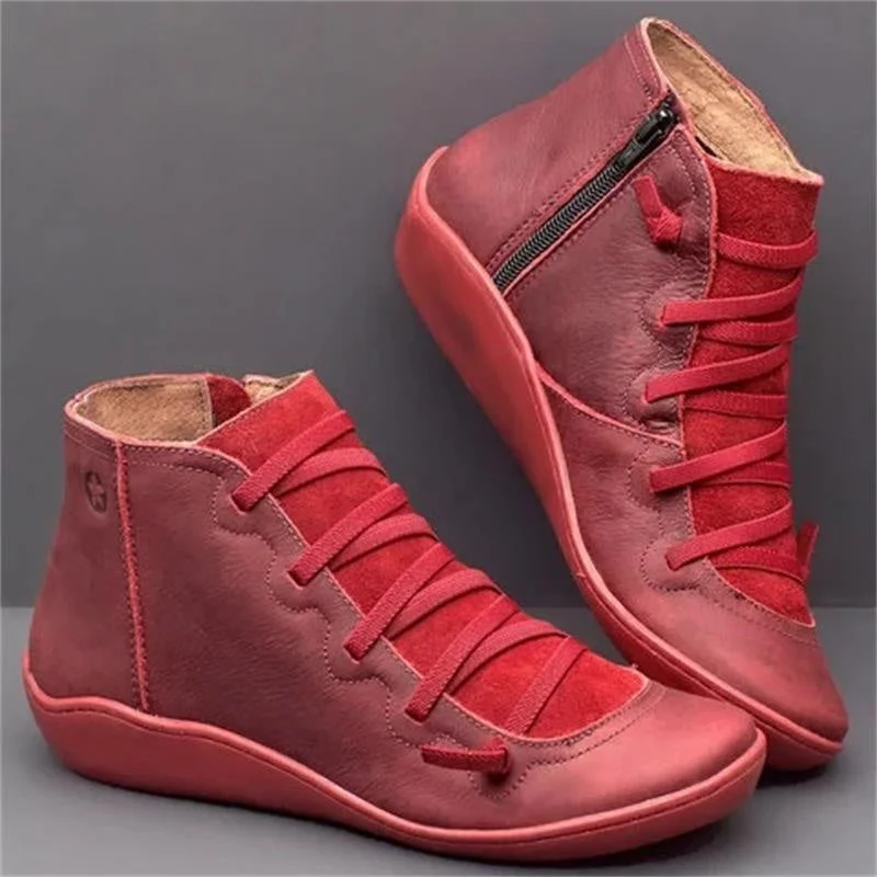 Women plus size clothing Red - New Leather Ankle Boots Autumn Vintage Lace Up Women Shoes Comfortable Flat Heel Boots Female Zipper Short Boots Dropshipping-Nordswear