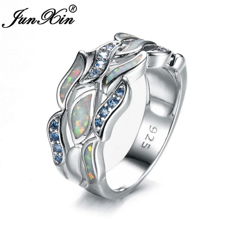 Unique Cute Female Angel Wing Wave Ring Boho Silver Color Blue White Fire Opal Ring Promise Engagement Rings For Women