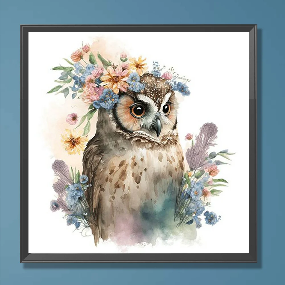 Full Round Diamond Painting 30*30cm - Owl And Flowers