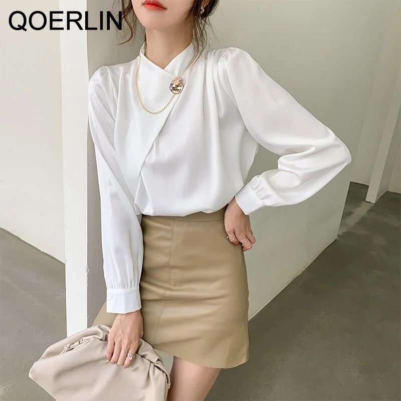 Uforever21 Satin OL Formal White Shirts Pullovers 2022 Fall New Stand-Up Collar Korean Loose Button Chain Long Sleeve Chiffon Shirt