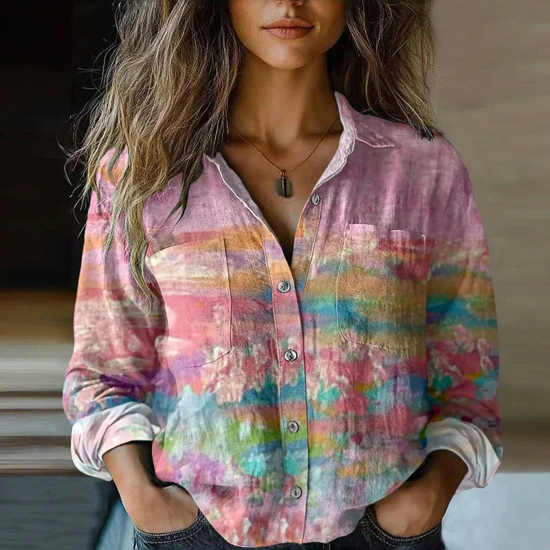 Women's Retro Gradient Cancer Awareness Ribbon Gradient Art Casual Linen Shirt