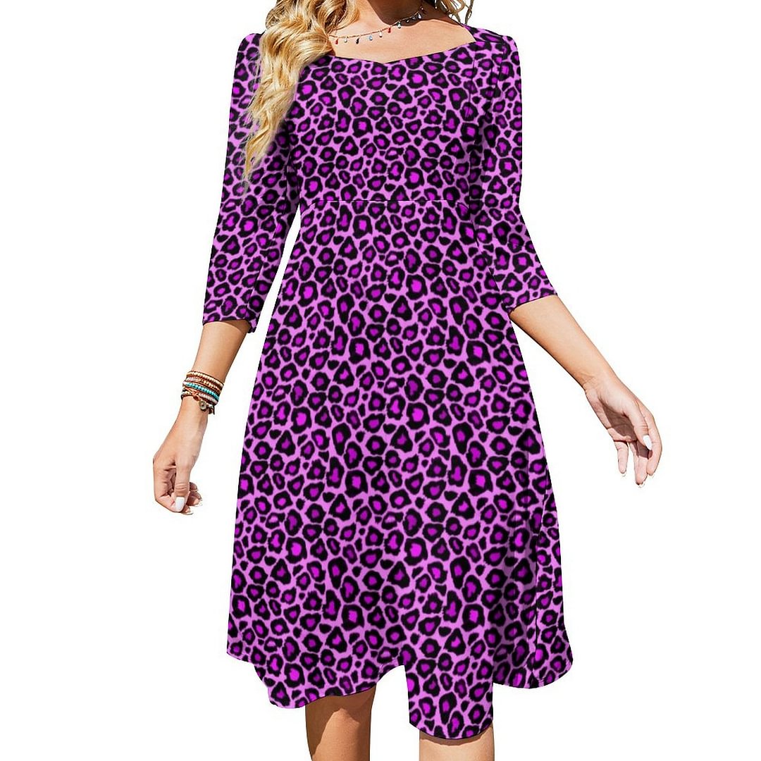 Fun Bold Purple Pink Colorful Leopard Print Dress Sweetheart Tie Back Flared 3/4 Sleeve Midi Dresses