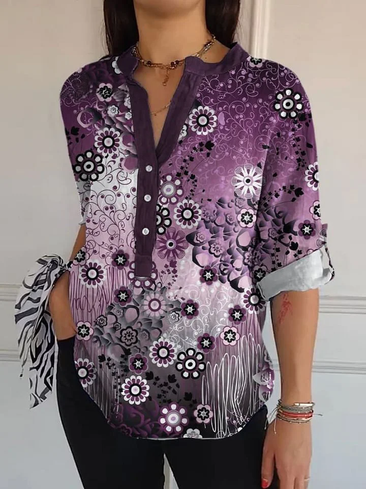 Women's Retro Floral Colorful Print Casual Long Sleeve Comfortable Cotton Shirt