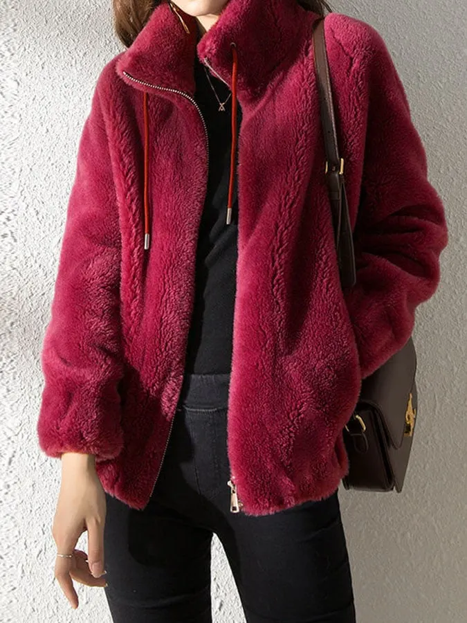 Casual Solid Fleece Stand Collar Zip Coat