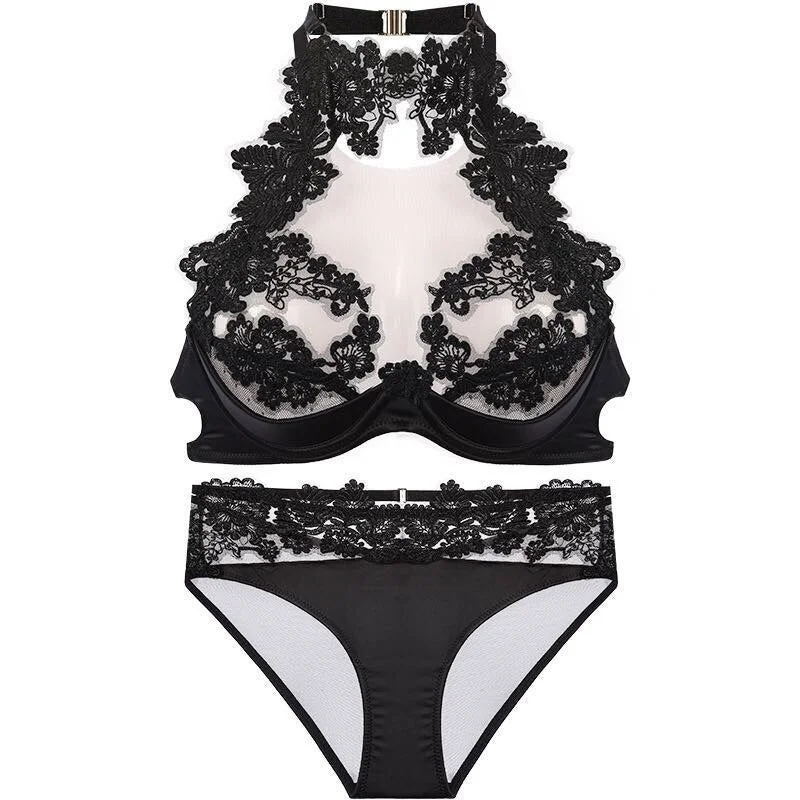 Sexy gathered bra panties set black flower embroidery hollow bras hanging neck luxury temptation lingerie underwear suit female