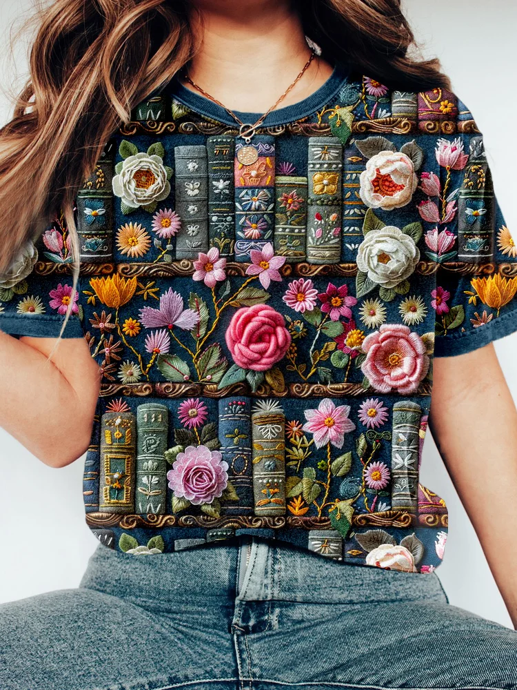 Floral Bookshelf Pattern Vintage Comfy T Shirt