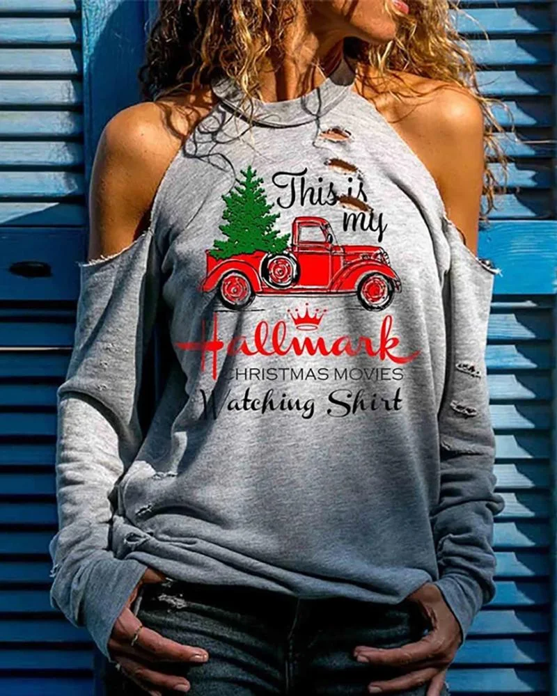Christmas Letter Car Print Cutout Cold Shoulder Top