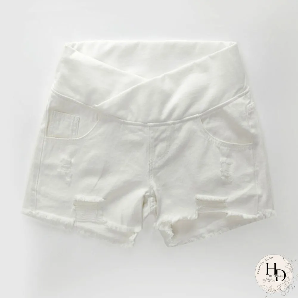 Pregnancy Women's Ripped Denim Shorts Summer Maternity Shorts Pregnant Loose Belly Elastic Jeans