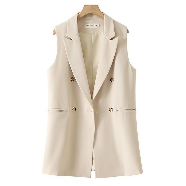 Sleeveless Blzer Women's Vest Casual Waistcoat Double Breasted Blazer Vest Coat Female Loose Off White Mid-Length Vest
