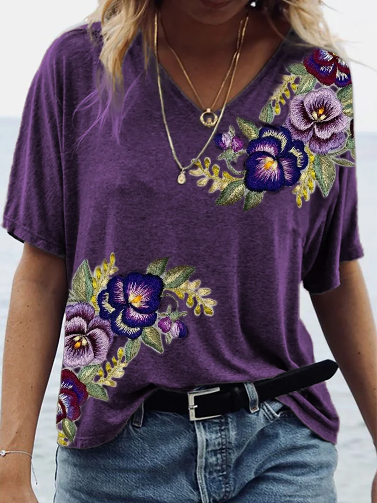 Comstylish Pansy Floral Embroidery Art V Neck T Shirt