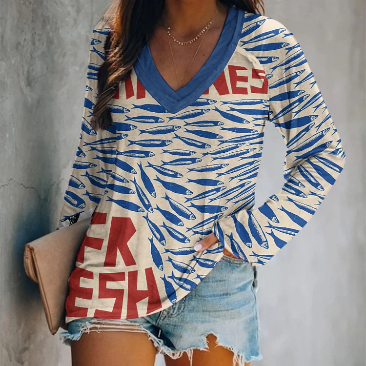Vintage Fish Sardines Art Pattern Print Casual Long Sleeve T-Shirt