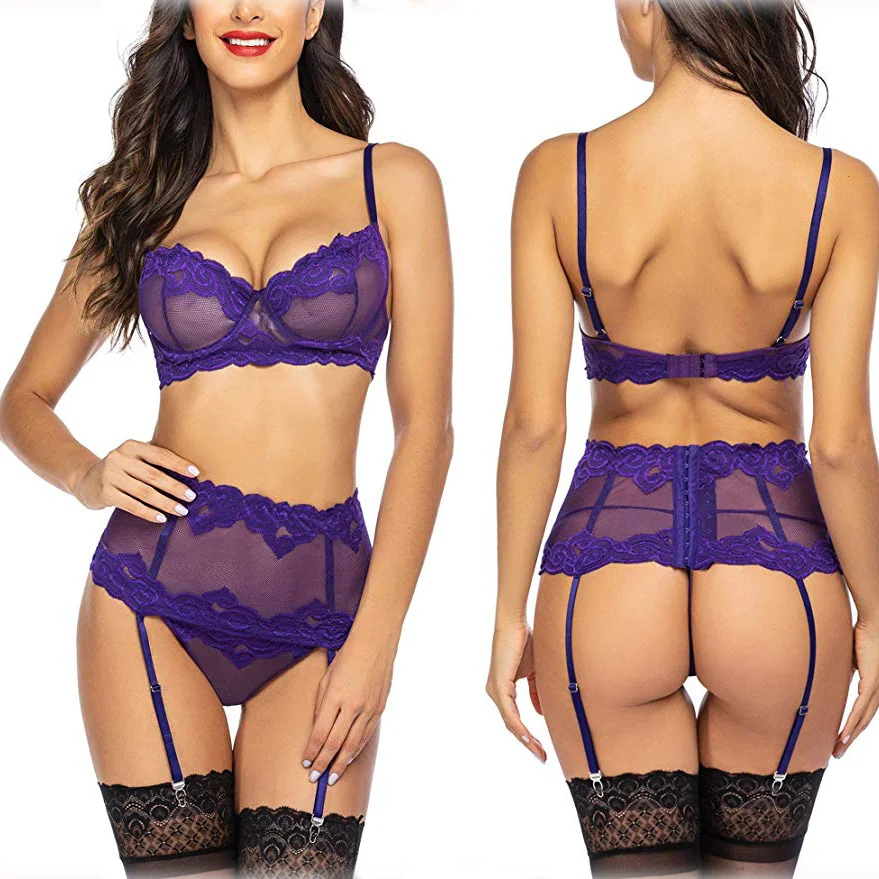 Churchf Sex Lingerie Sexy Women's Screen Yarn Perspective Lace Lingerie Three-Piece Set