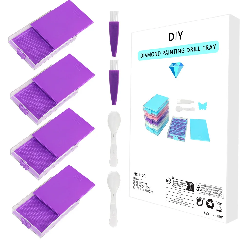 4Pcs Purple Diamond Painting Tray with Lid 5D DIY Drills Plate with Spoon & Brush