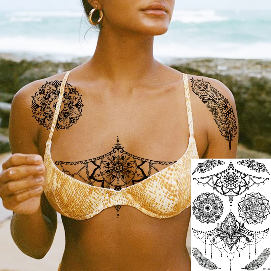 Sdrawing Large Rose FLower Temporary Tattoos For Women Adults Henna Skull Compass Snake Flower Fake Tattoo Sticker Leg Tatoos Thigh
