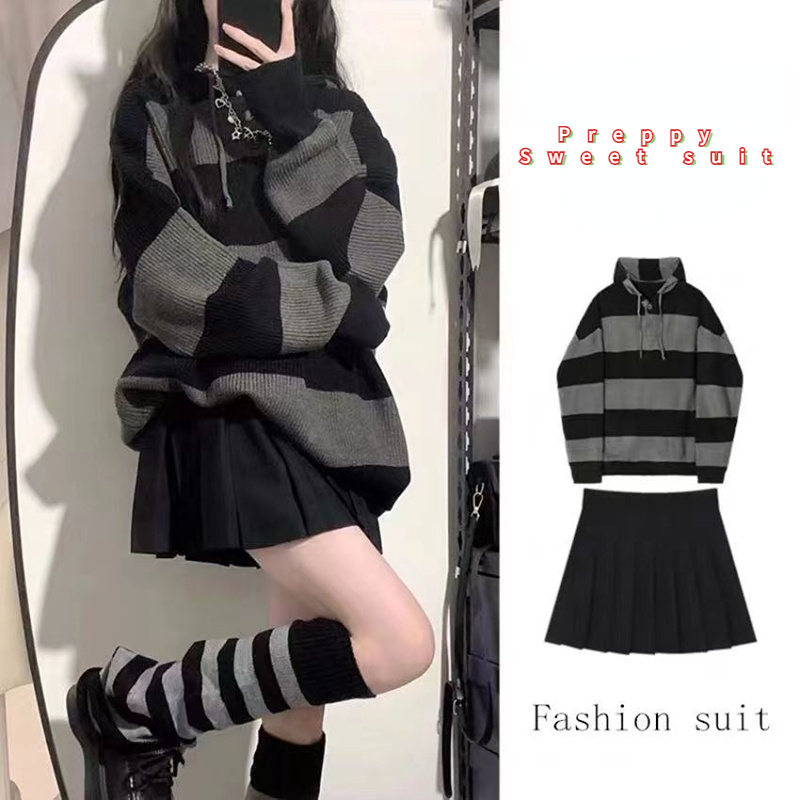 Tanguoant Chic Girls Knitwear Pleated Skirt Sets Lazy Wind Student Ripped Striped Sweater Dress Two Piece Y2k Clothes Free Shipping