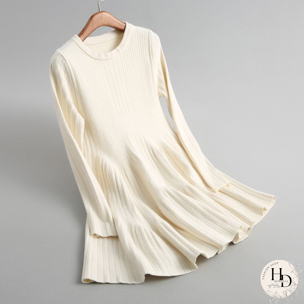 Spring Autumn Sexy Mini Dress Women O-Neck Long Sleeve Elastic Waist Korean A-Line Knitted