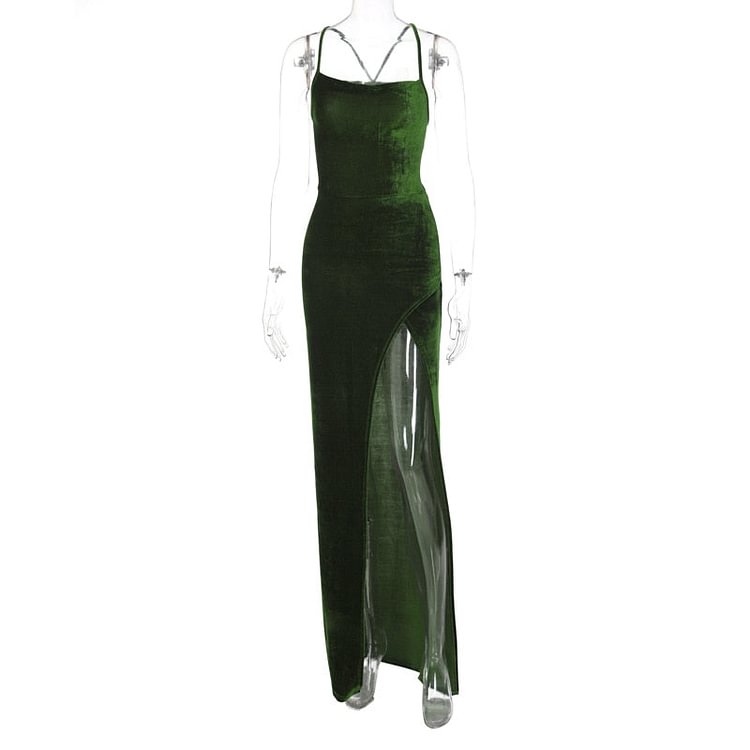 Hugcitar Velvet Slip Swinging Collar Sleeveless Backless Slit Maxi Dress Solid 2021 Fall Bodycon Evening Party Elegant Vestido