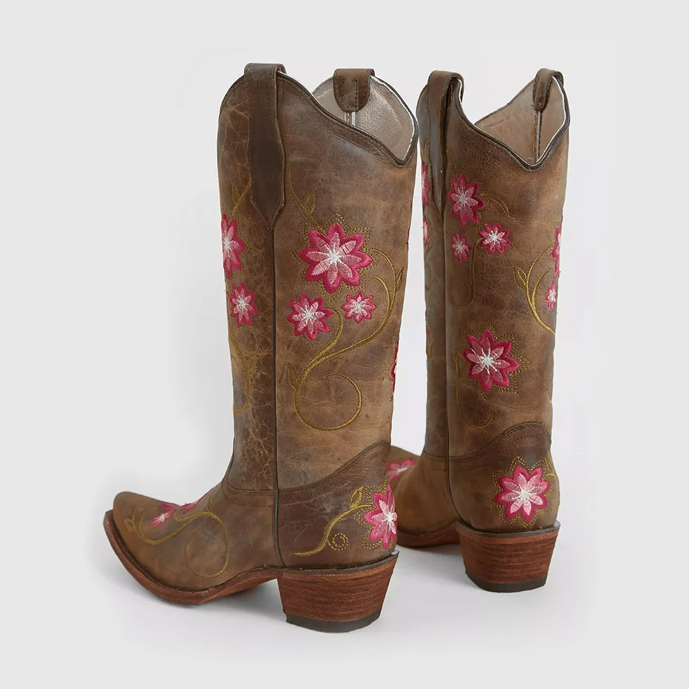 Tan Floral Embroidered Snip Toe Mid Calf Cowgirl Boots for Women