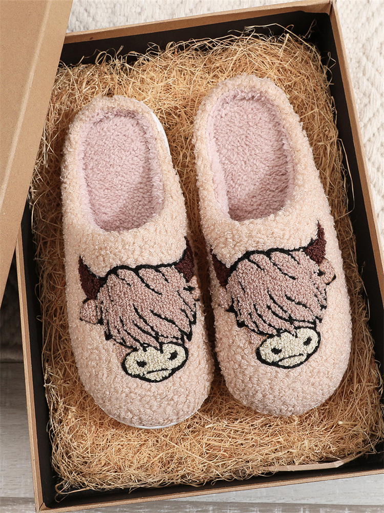 Comstylish Highland Cow Cozy Fleece Slippers
