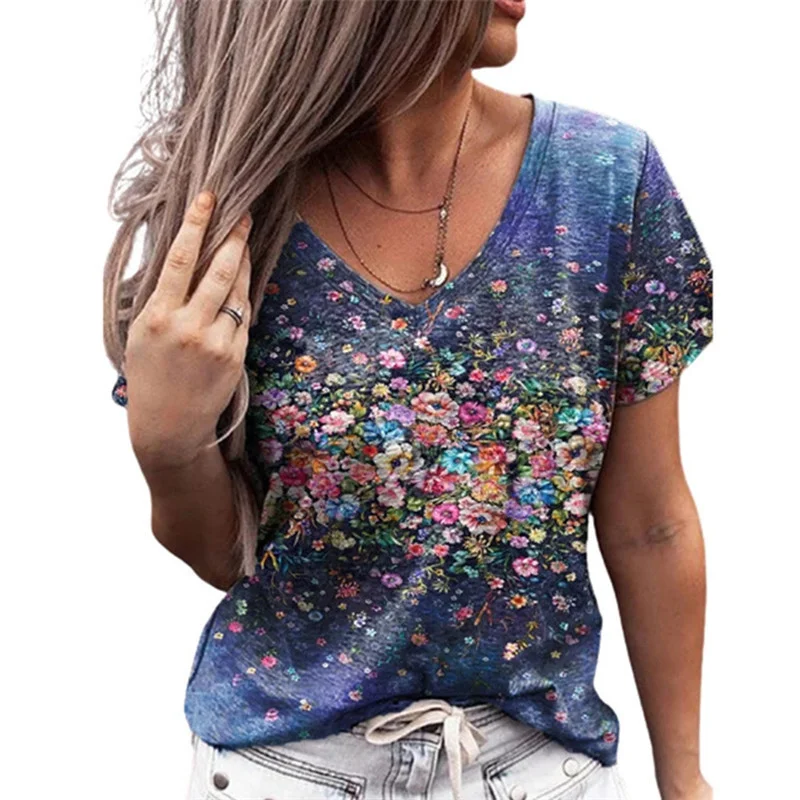 Smiledeer Summer new ladies printed short-sleeved v-neck T-shirt