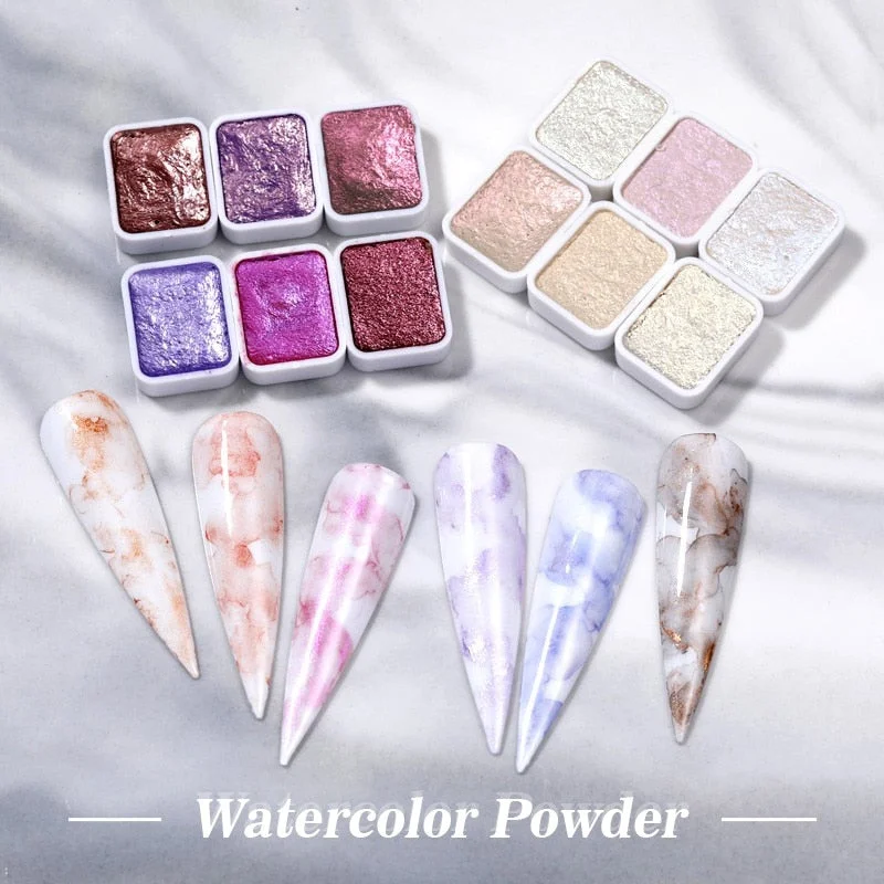 6/12pc Blooming Paints Watercolor Nail Powder For Nails Abstract Nail Art Pigment Magic Pearl Chrome Glitter Manicure Nails-Nail Inspo