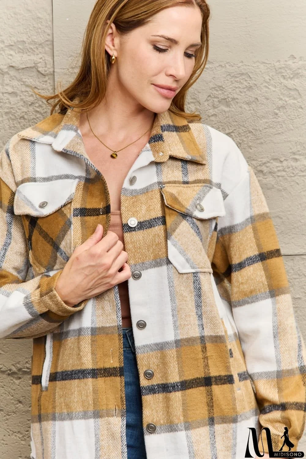 MidiSono - Plaid Dropped Shoulder Shirt Jacket