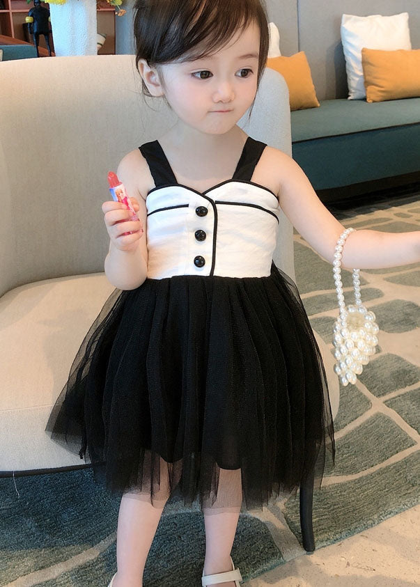 VCSHOES Black Wrinkled Patchwork Tulle Kids Girls Dress Sleeveless