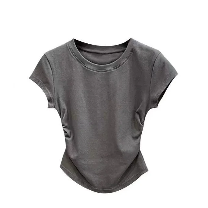 Brownm Brownm Girl Pure Want To Accept Waist T-Shirt Short Sleeve Female 2024 Summer New Solid Color Bottom Cover Slim Short Jacket Female