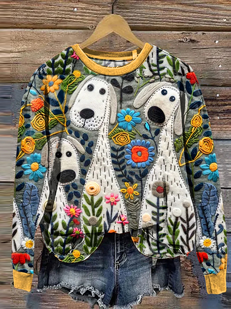 Comstylish Cute Dog Art And Floral Casual Sweatshirt