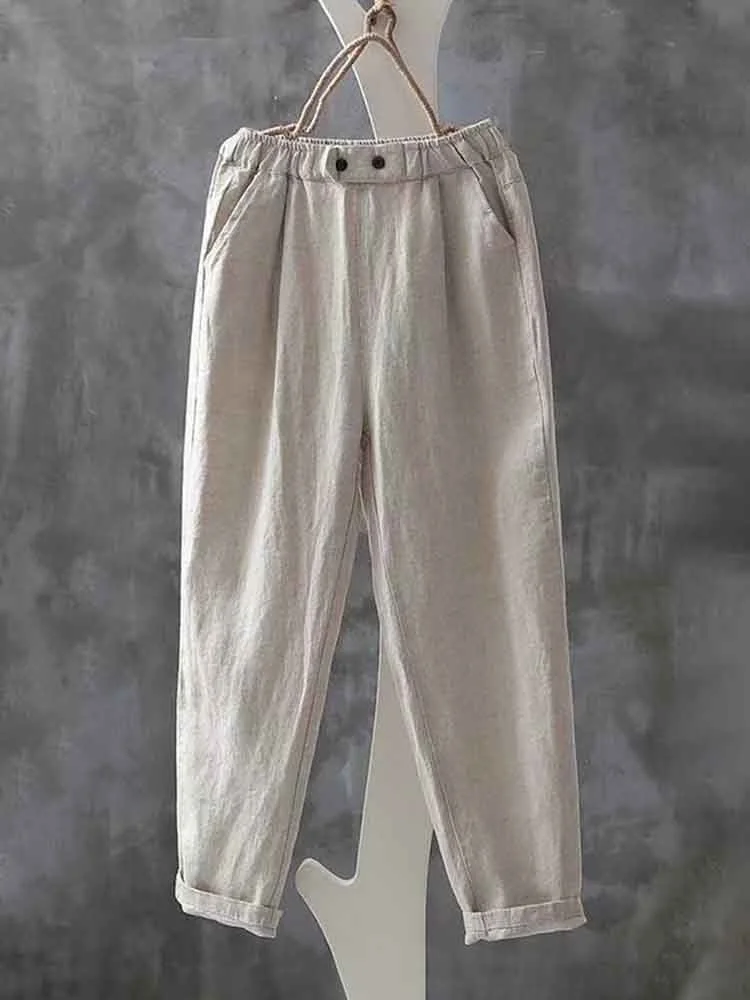 Comstylish Women's Simple Linen Blend Elastic Waist Casual Pants