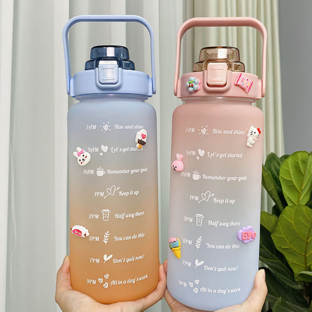2L Water Bottle Straw Cup Sport Travel Time Scale Fitness Jug with Stickers